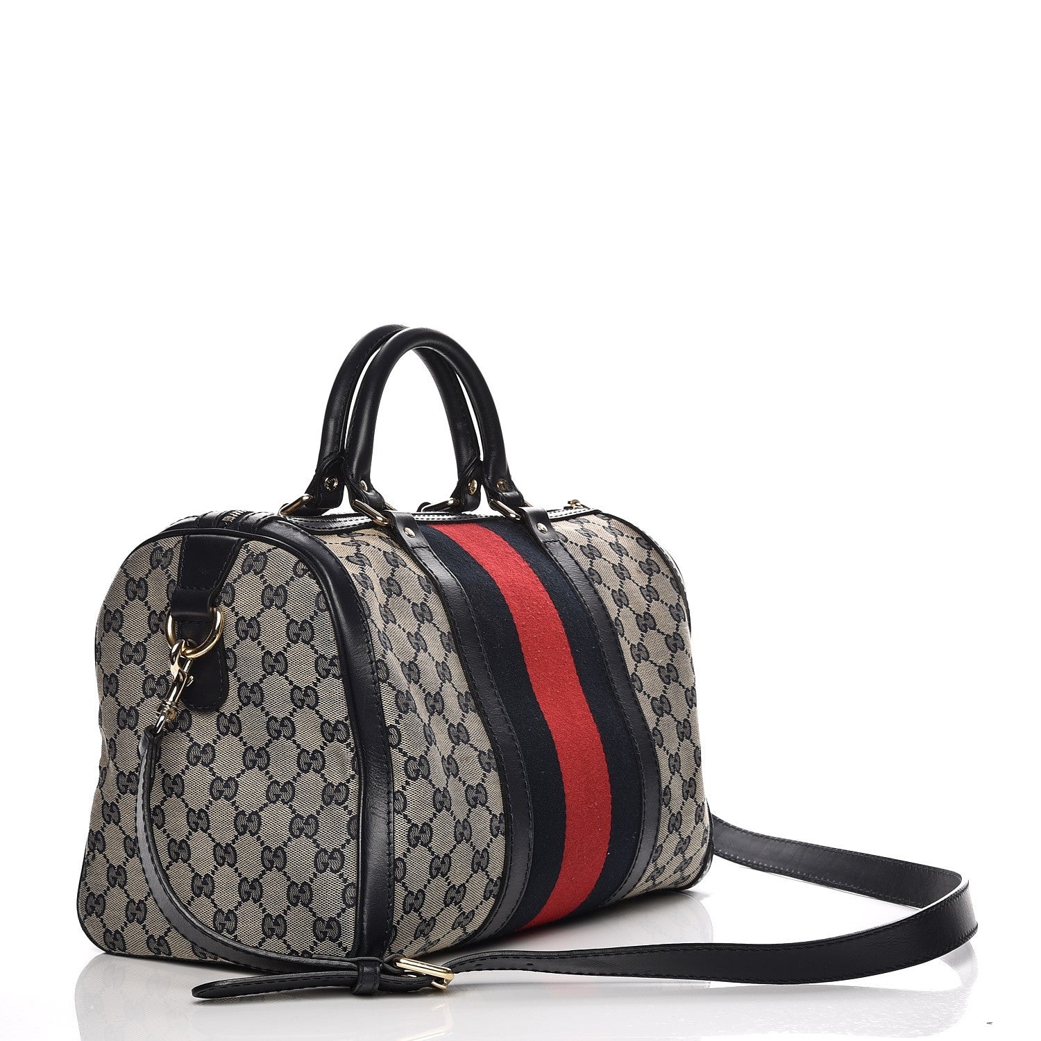 Gucci Monogram Selleria Calfskin Vintage Web Medium Boston Beige Blue 4 of 23