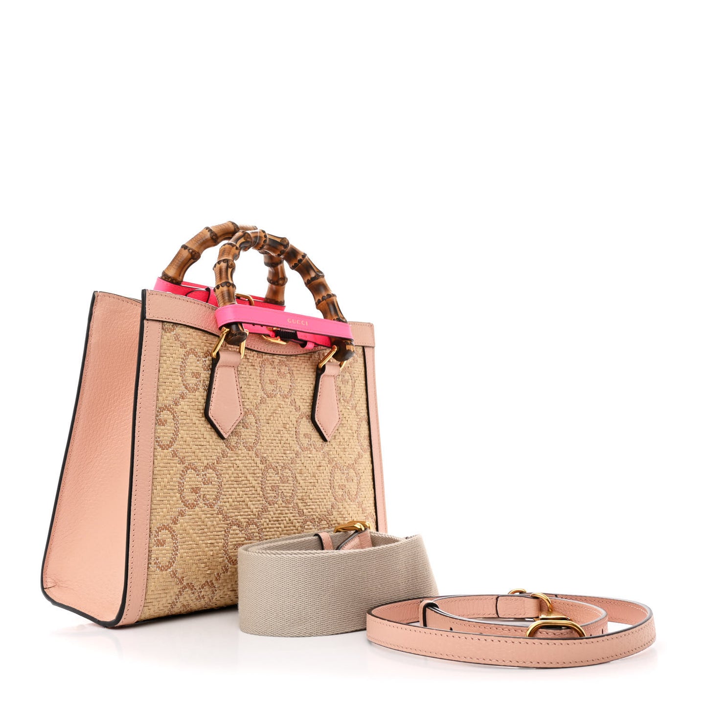 Raffia Textured Dollar Calfskin GG Monogram Small Diana Tote Bag Natural Wild Rose Fluorescent Fuchsia