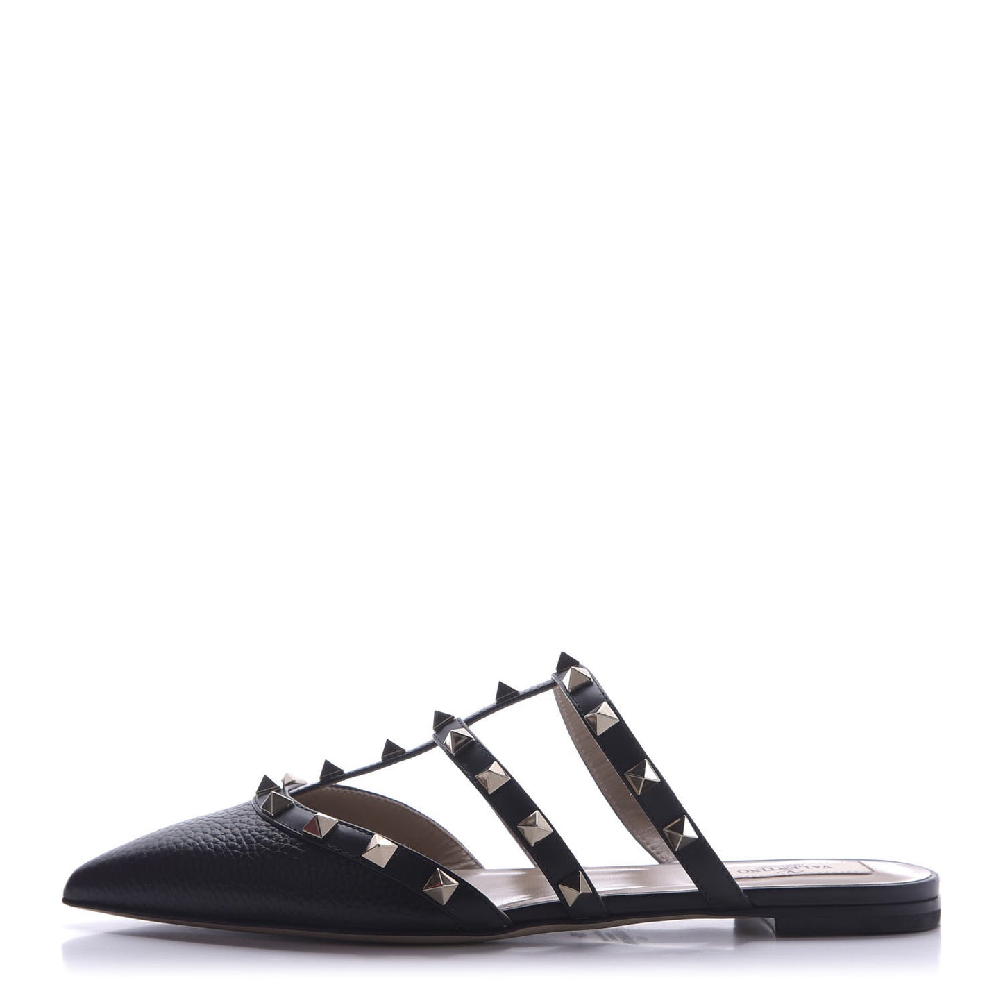 Pebbled Calfskin Rockstud Flat Cage Mules 36 Black