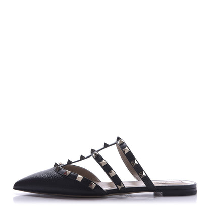 Valentino Garavani Pebbled Calfskin Rockstud Flat Cage Mules 36 Black 1 of 9