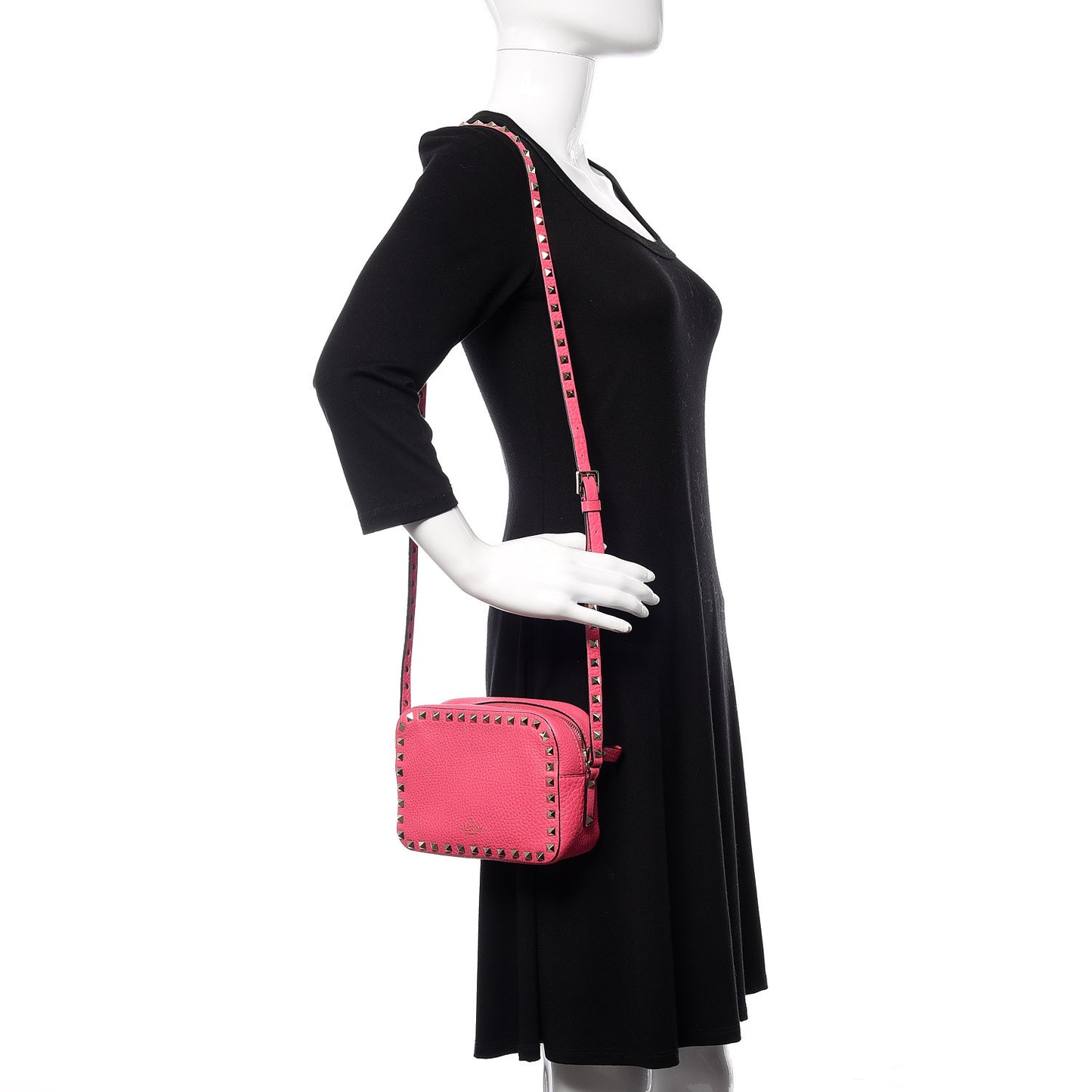 Pebbled Calfskin Rockstud Camera Crossbody Bag Peony