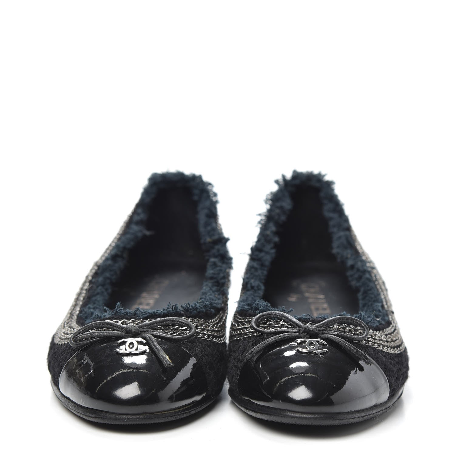 Chanel Tweed Patent Cap Toe Ballerina Flats 37.5 Black 2 of 7