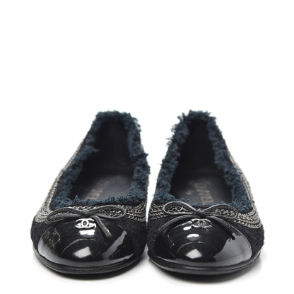 Chanel Tweed Patent Cap Toe Ballerina Flats 37.5 Black 2 of 7