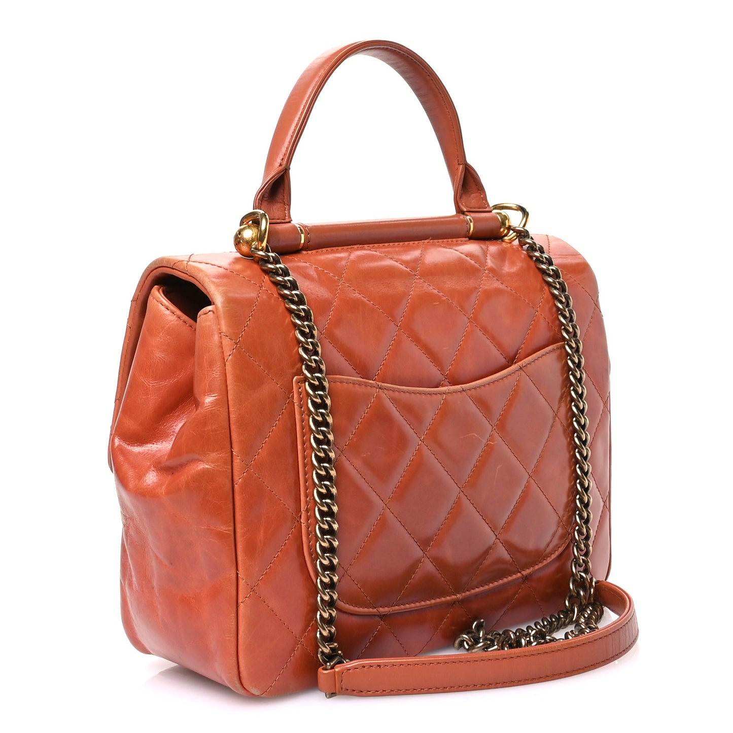 Glazed Calfskin Quilted Medium Gold Bar Top Handle Flap Orange