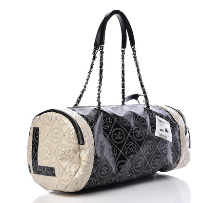 Chanel Coated Canvas Camellia Printed Calfskin Bowling Bag Black Beige 4 of 12