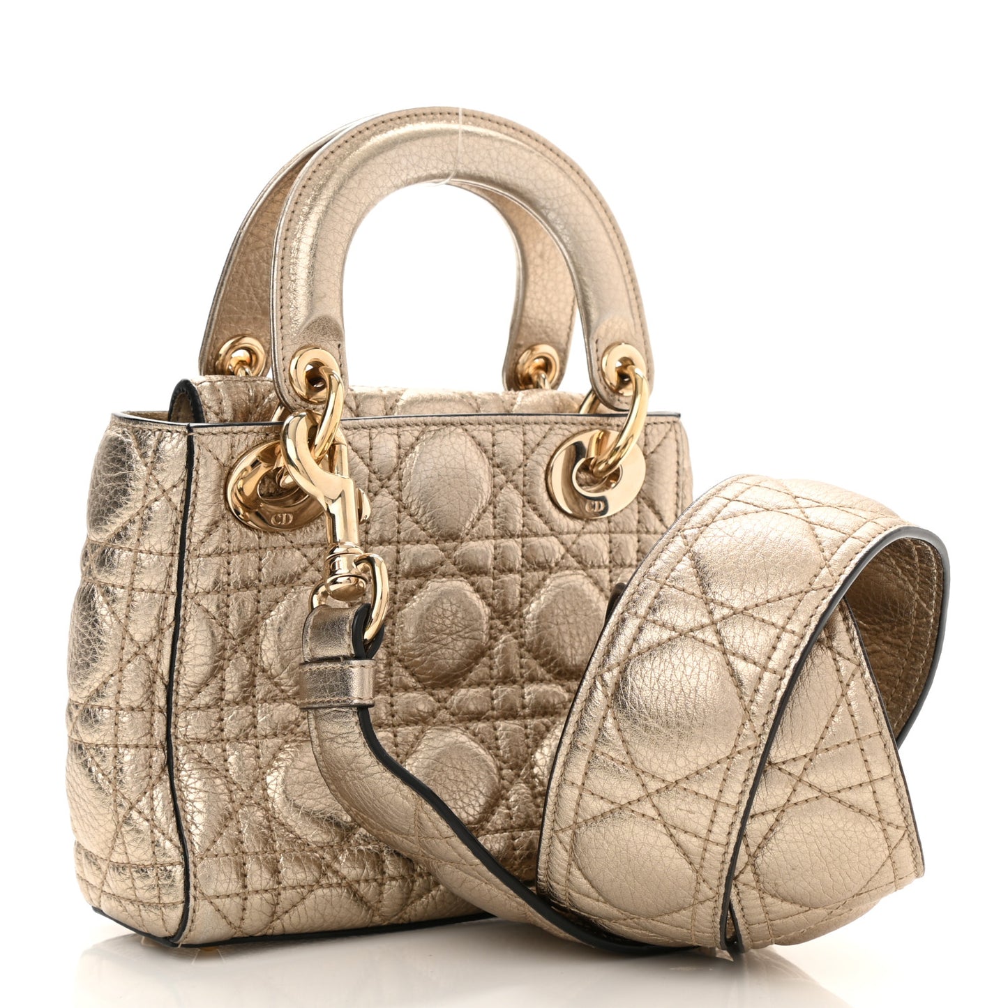 Metallic Grained Calfskin Cannage Mini Supple Lady Dior Pale Gold