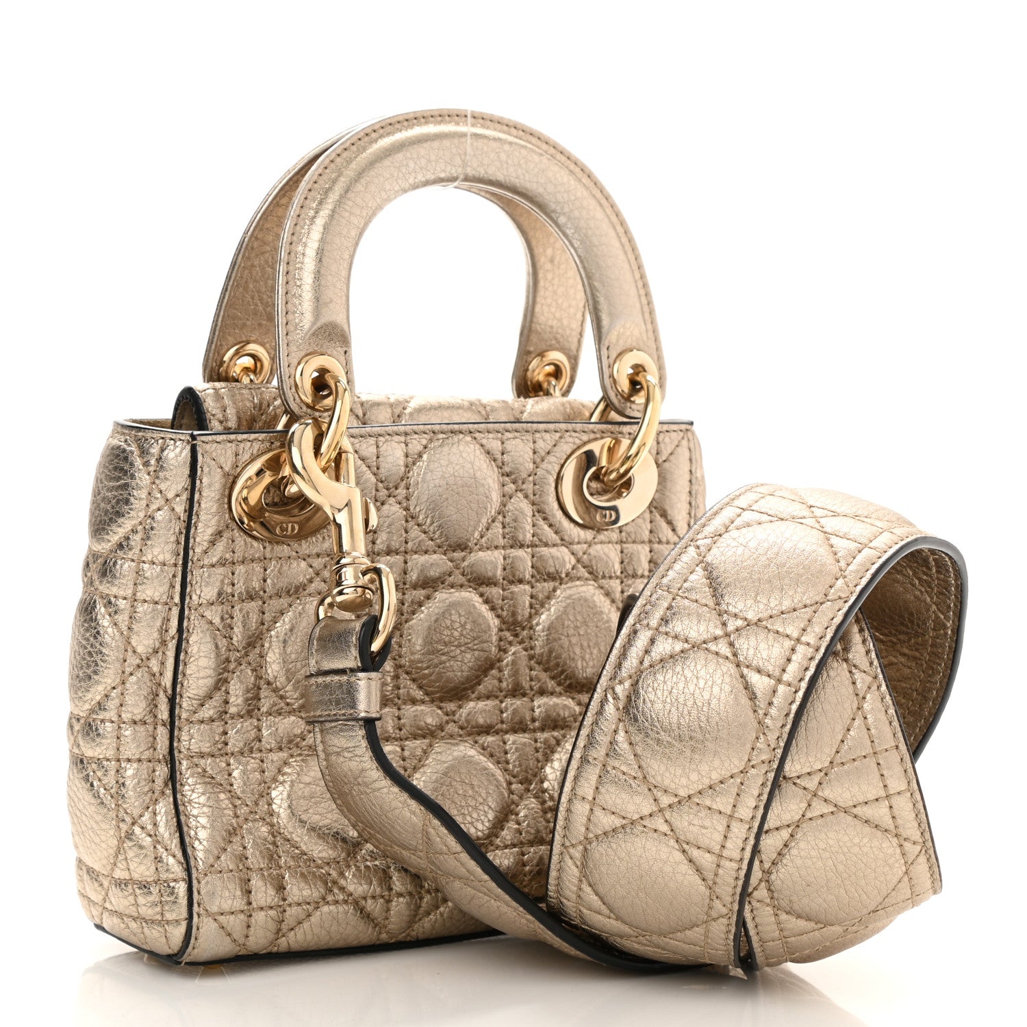 Christian Dior Metallic Grained Calfskin Cannage Mini Supple Lady Dior Pale Gold 2 of 6