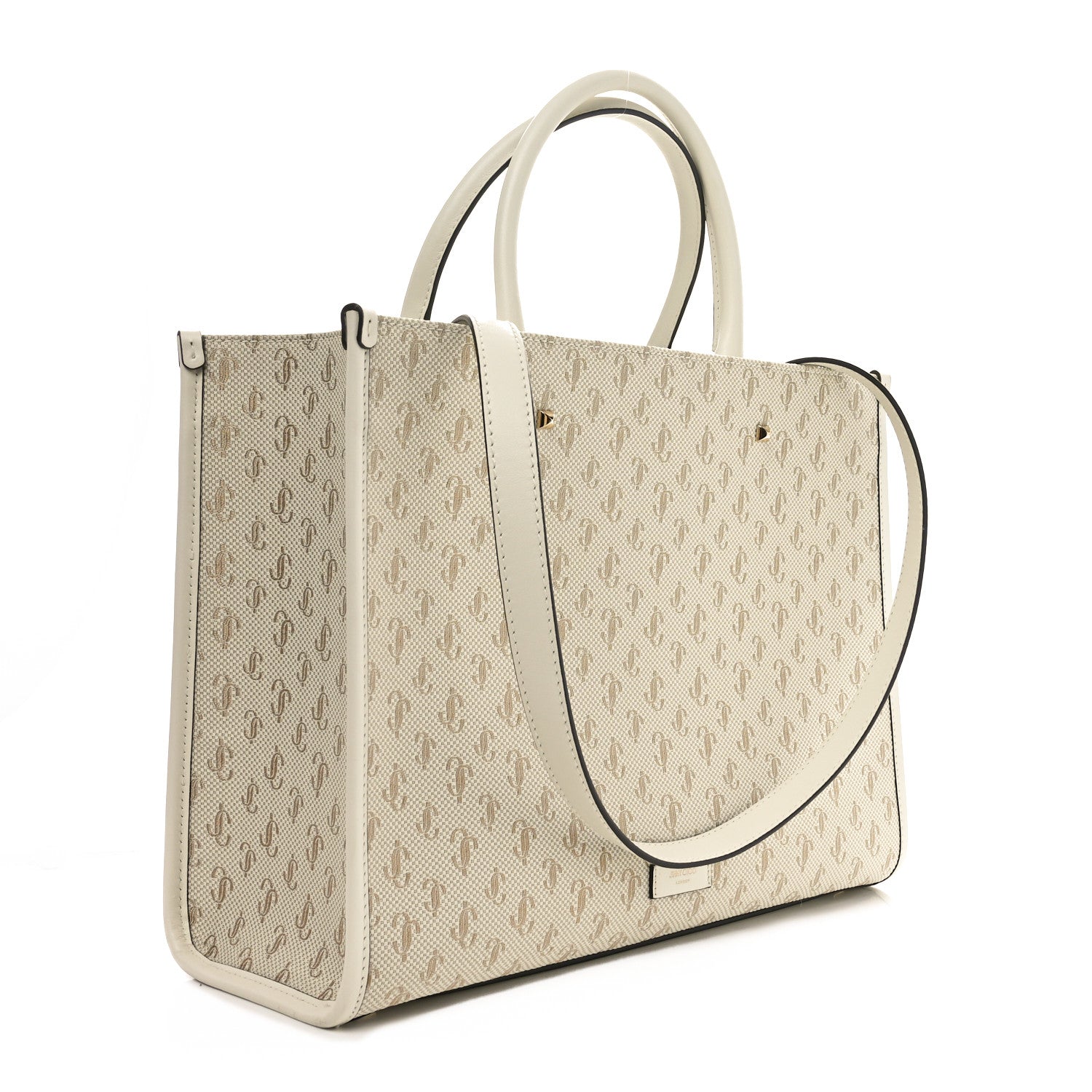 Jimmy Choo JC Logo Jacquard Lurex Soft Shiny Calfskin Medium Varenne Tote Bag Latte Gold Light Gold 3 of 9