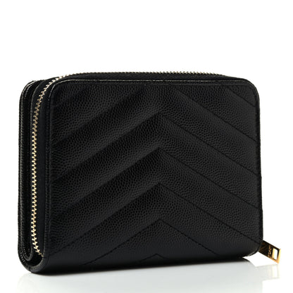 Saint Laurent Grain De Poudre Matelasse Chevron Monogram Compact Zip Around Wallet Black 3 of 7