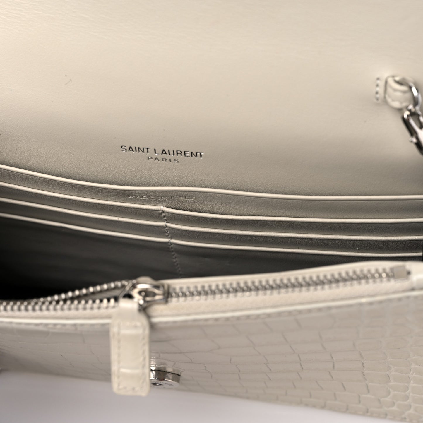 Calfskin Crocodile Embossed Kate Monogram Tassel Chain Wallet Crema Soft