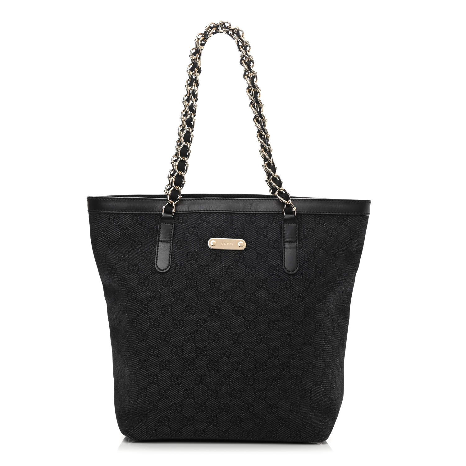 Gucci Denim Monogram Chain Bucket Tote Black 1 of 11