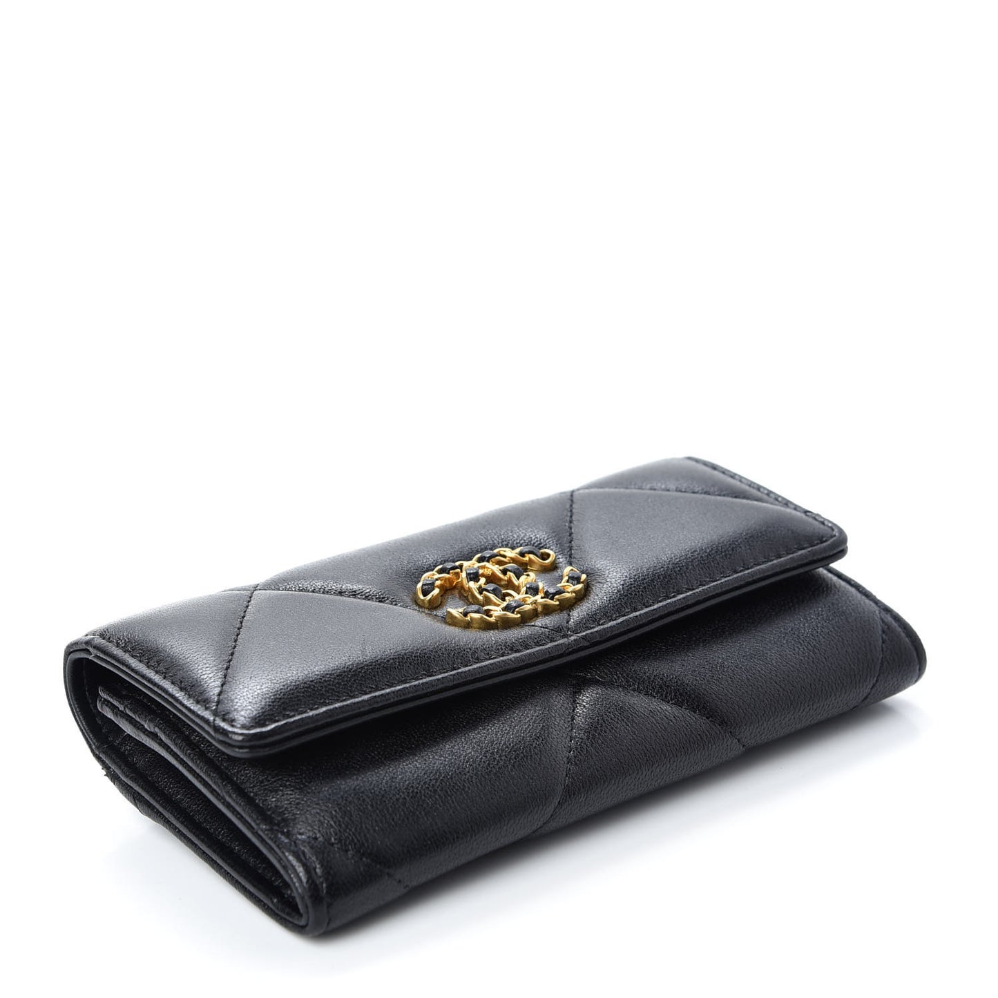 Shiny Goatskin Quilted Chanel 19 Flap Wallet Black