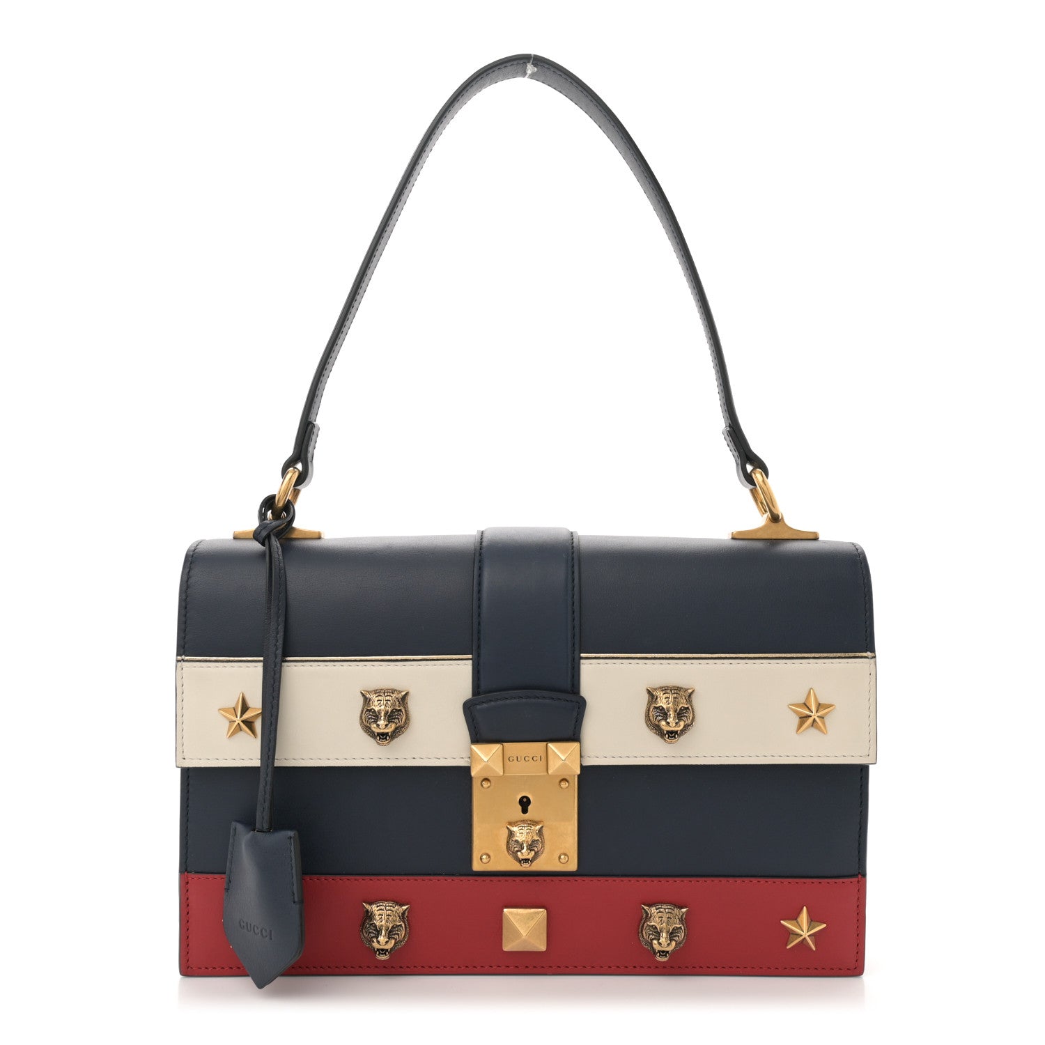 Gucci Calfskin Medium Cat Lock Top Handle Bag Navy Red White 1 of 11