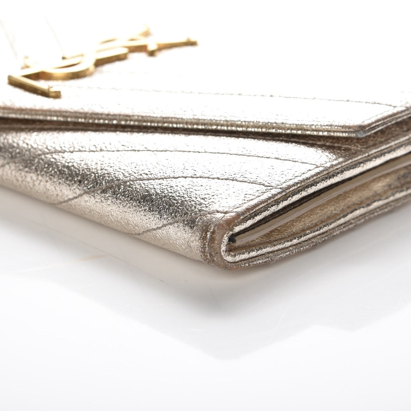 Metallic Crackled Calfskin Matelasse Chevron Monogram Flap Wallet Gold