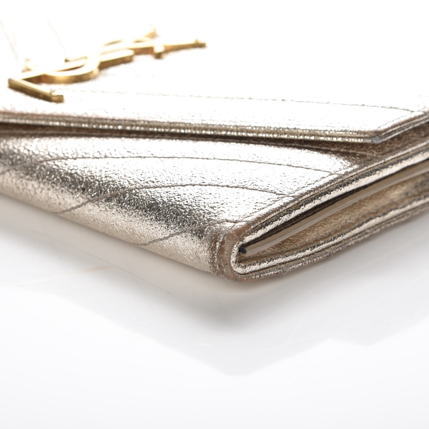 Saint Laurent Metallic Crackled Calfskin Matelasse Chevron Monogram Flap Wallet Gold 6 of 13