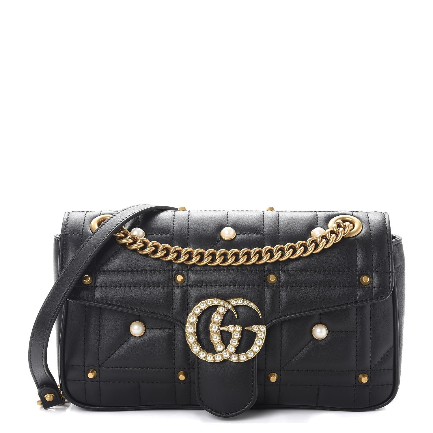 Gucci Calfskin Matelasse Studded Small Pearly GG Marmont Shoulder Bag Black 1 of 7