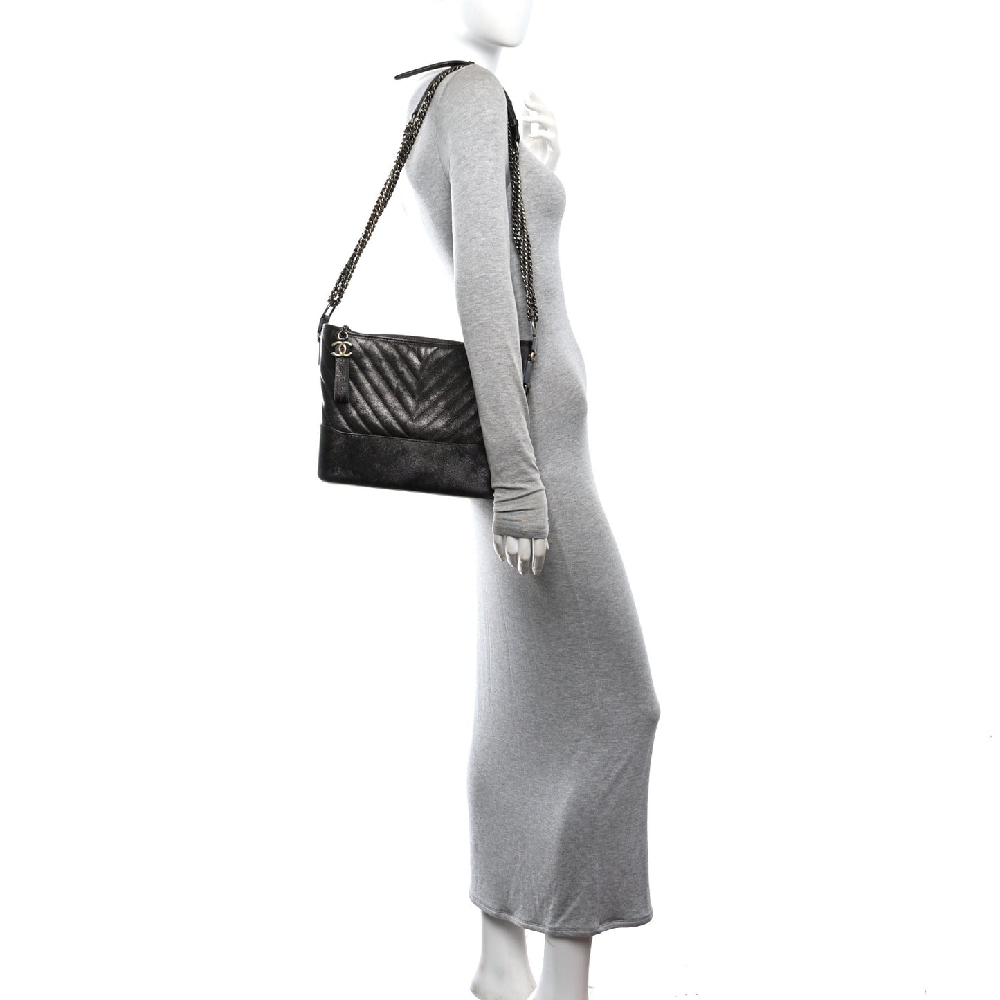 Metallic Caviar Chevron Quilted Medium Gabrielle Hobo Dark Silver Gold