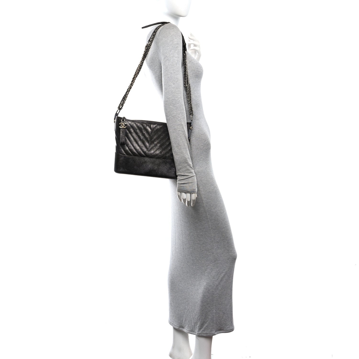 Chanel Metallic Caviar Chevron Quilted Medium Gabrielle Hobo Dark Silver Gold 2 of 11
