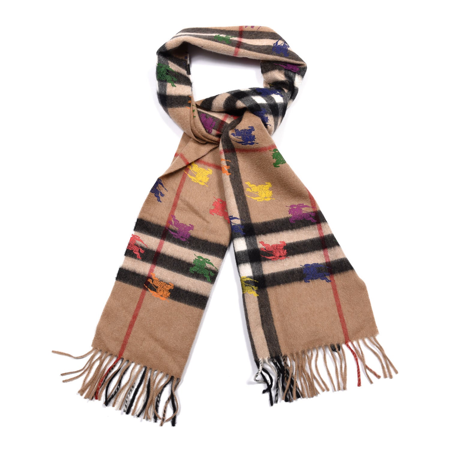 Burberry Cashmere Giant Check EKD Fringe Scarf Camel Multicolor 1 of 4
