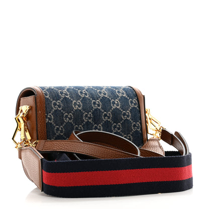 Gucci New Denim GG Monogram Dollar Calfskin Web Mini Horsebit 1955 Shoulder Bag Blue Tea Cuir Epilog 3 of 11
