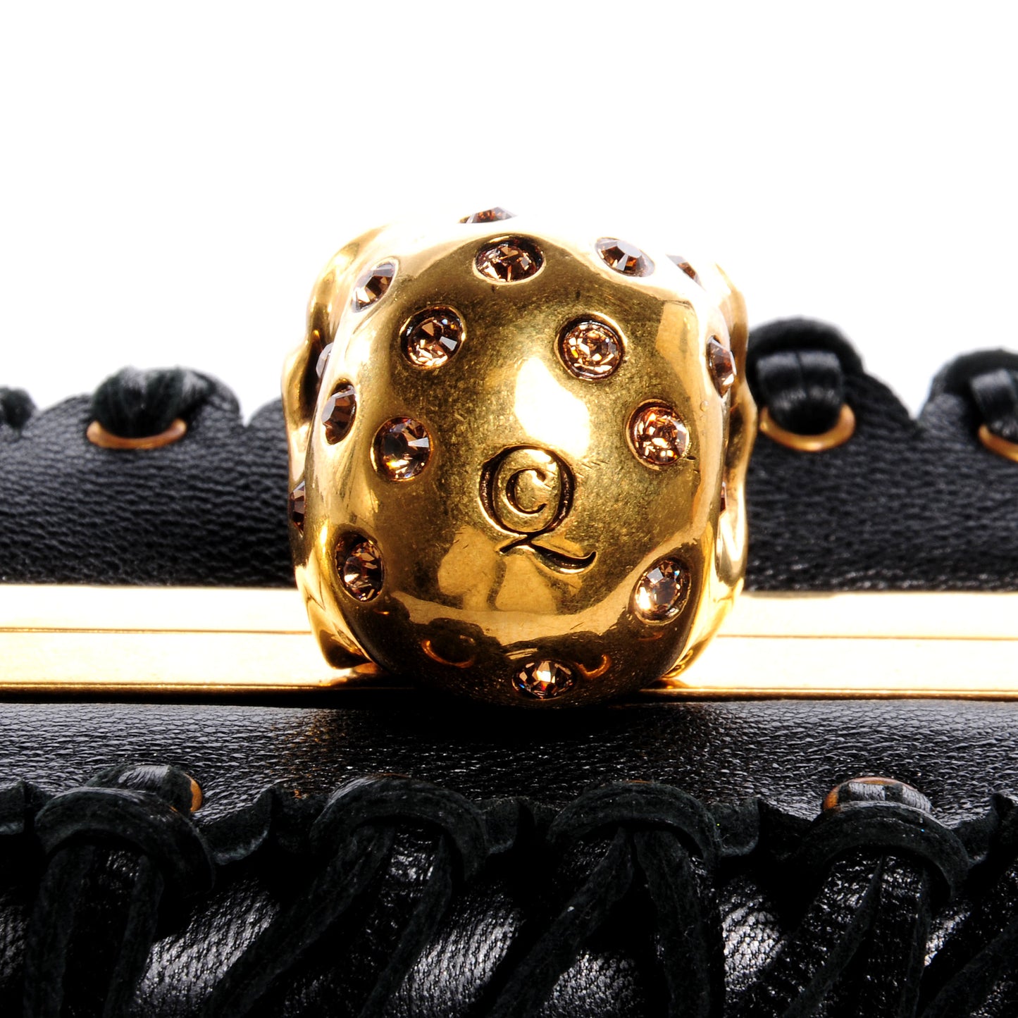 Leather Fringe Crystal Skull Box Clutch Black
