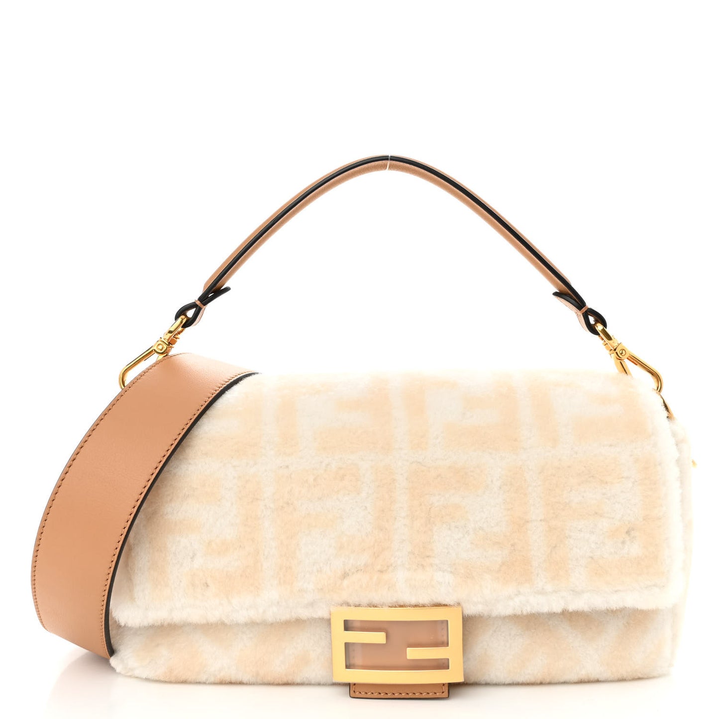 Shearling Vitello Dolce Macro FF 1974 Baguette White Ice Cuoio Miele Scuro