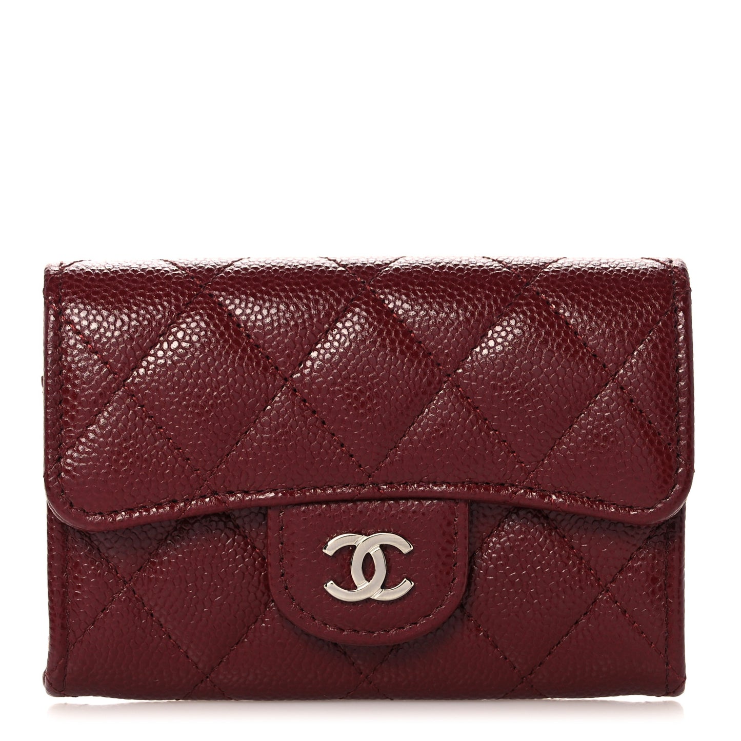 Caviar Quilted Flap Card Holder Wallet Burgundy