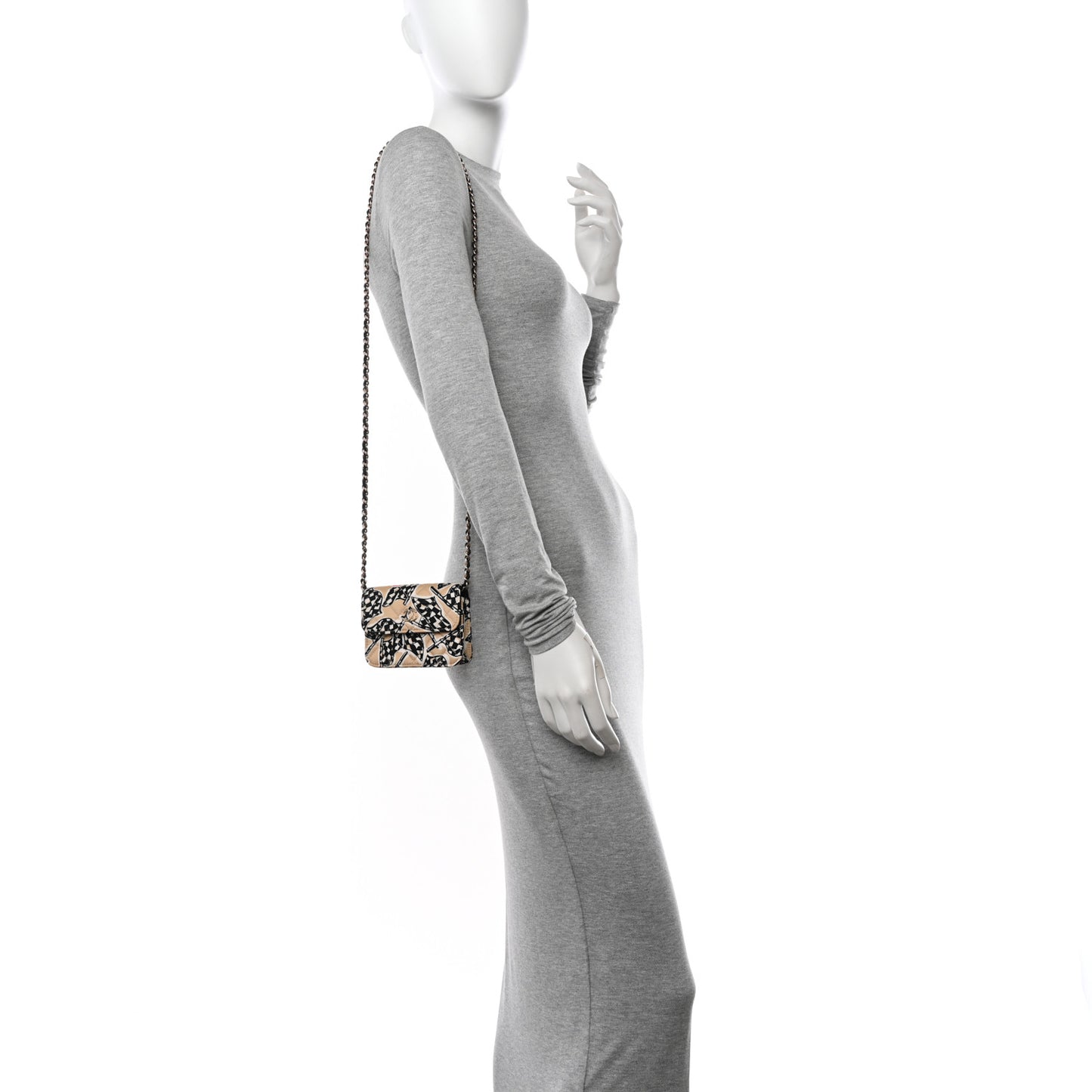 Canvas Check Flag Printed CC Clutch With Chain Beige Multicolor