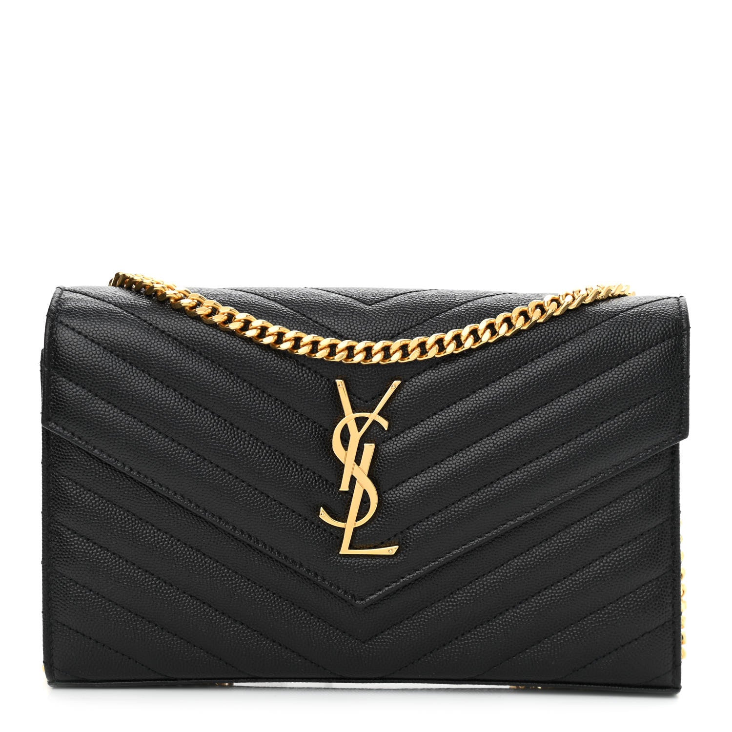 Saint Laurent Grain De Poudre Matelasse Chevron Monogram Chain Wallet Black 1 of 10