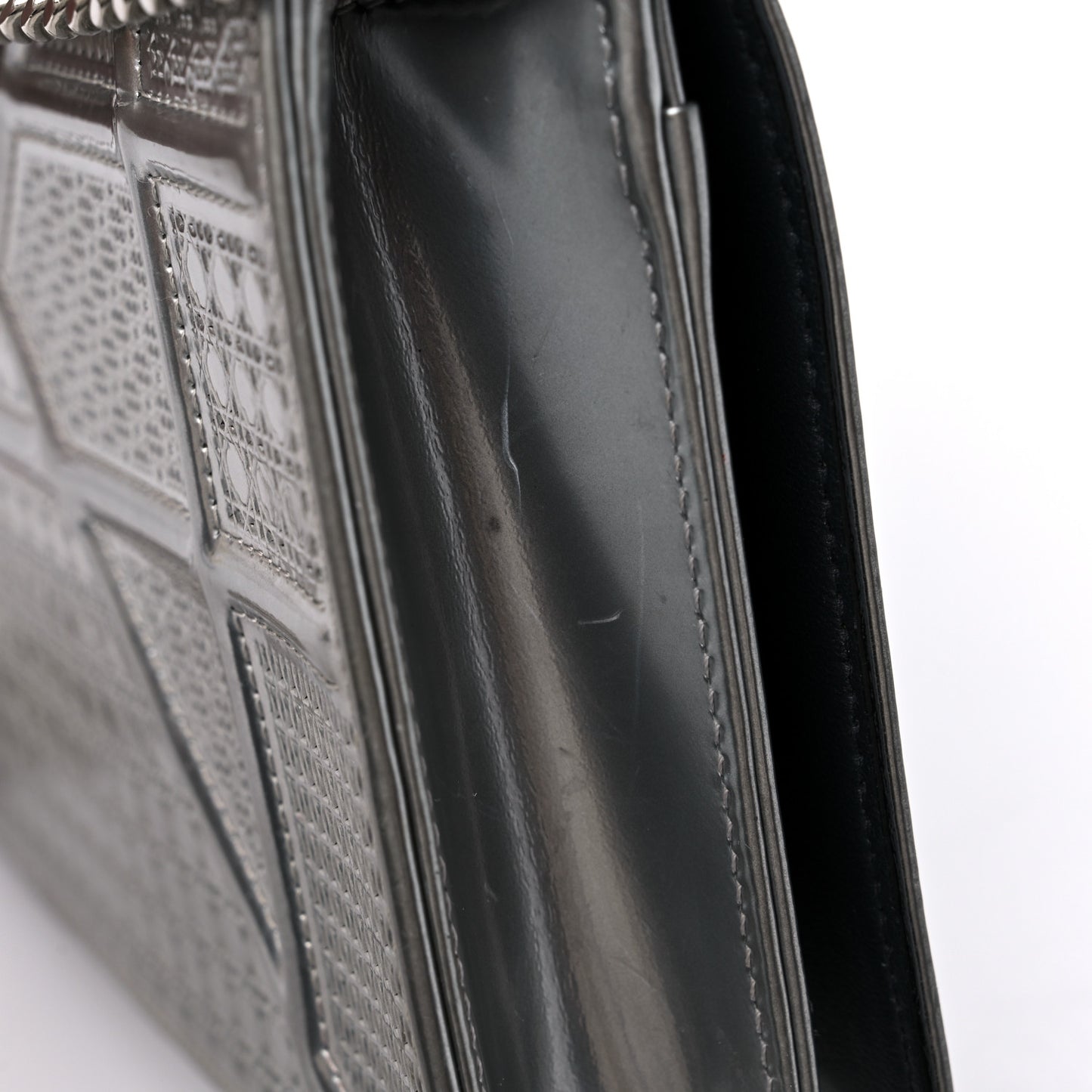 Metallic Patent Micro-Cannage Diorama Wallet on Chain Pouch Silver