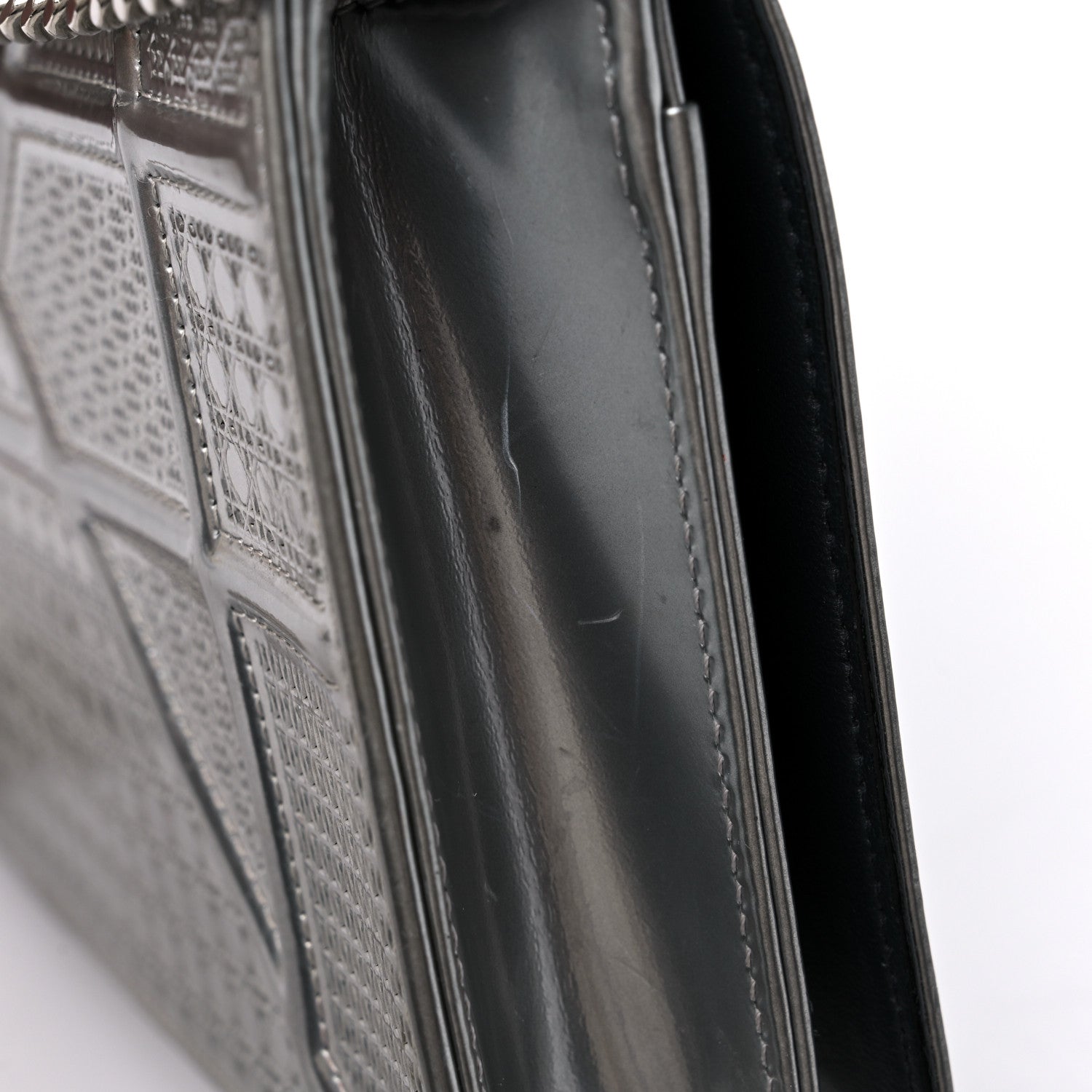 Christian Dior Metallic Patent Micro-Cannage Diorama Wallet on Chain Pouch Silver 12 of 12
