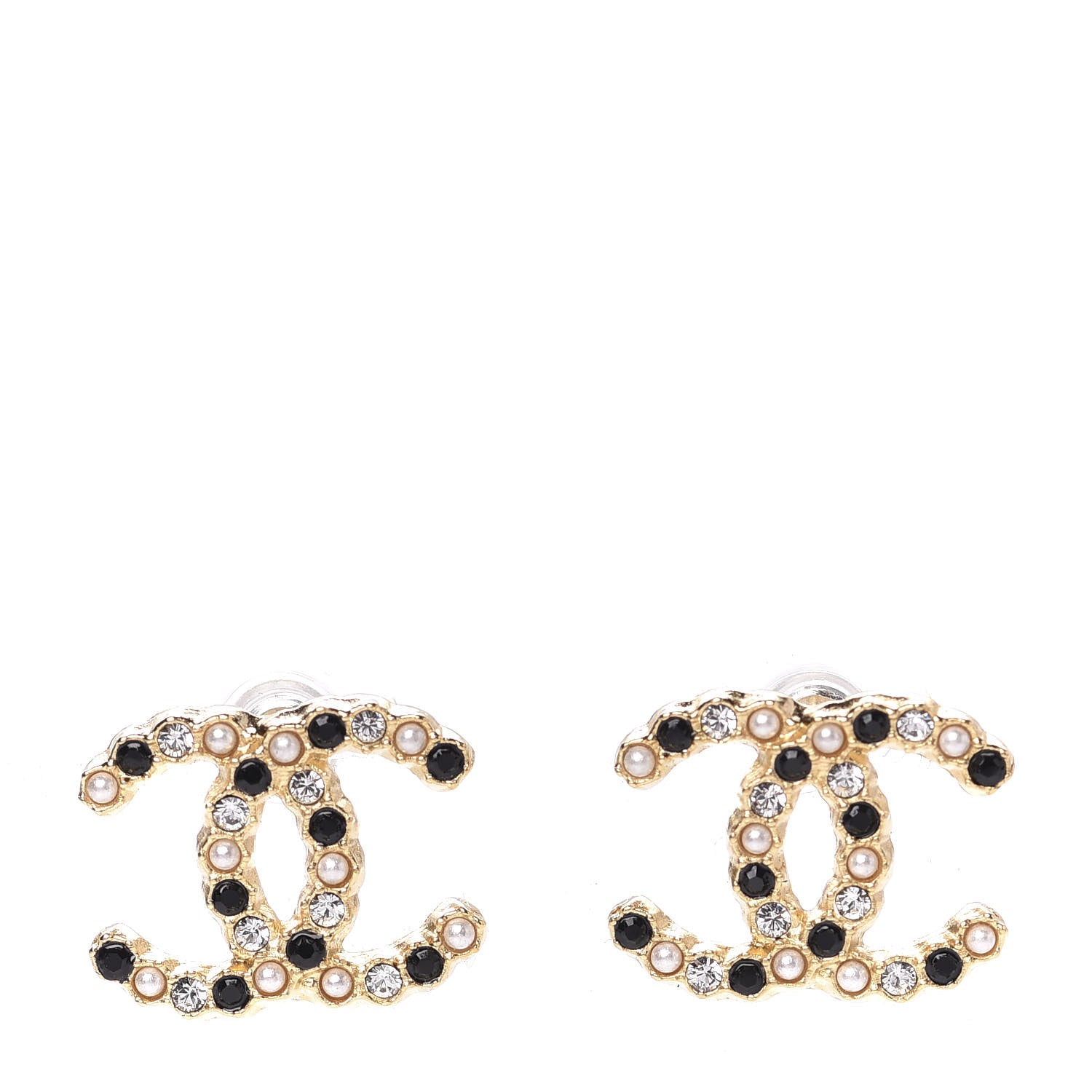 Chanel Resin Pearl Crystal CC Earrings Gold Black 1 of 5