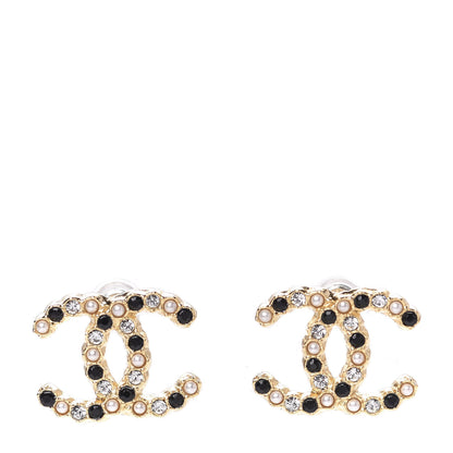 Chanel Resin Pearl Crystal CC Earrings Gold Black 1 of 5
