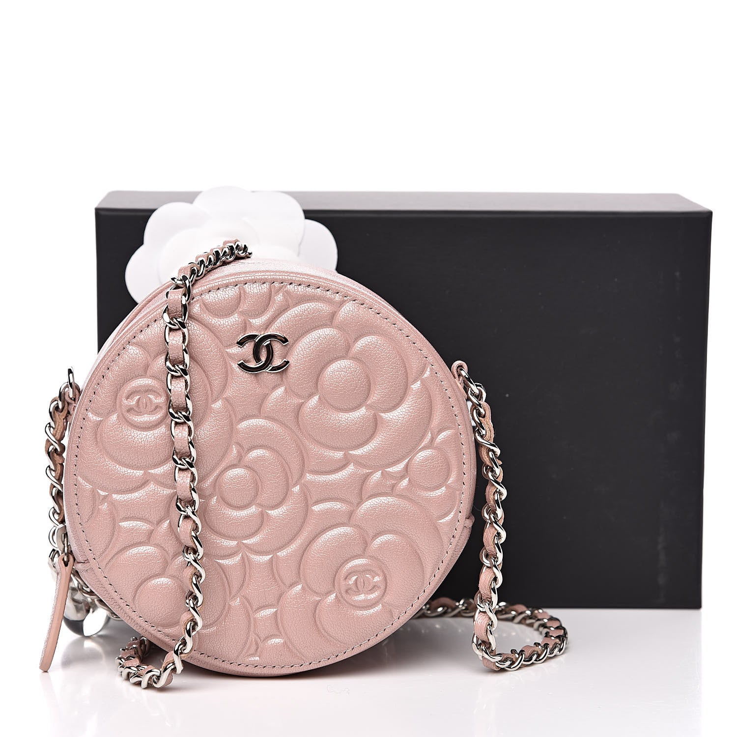 Chanel Goatskin Camellia Quilted Round Clutch With Chain Light Pink 10 of 10