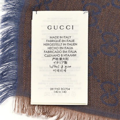 Gucci Wool Silk Monogram GGWeb Fringe Shawl Taupe Sky Blue 4 of 5