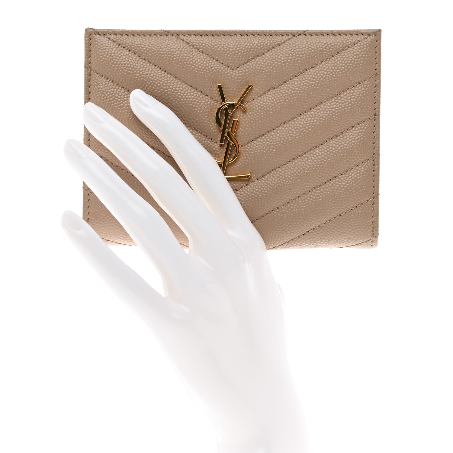 Saint Laurent Grain De Poudre Matelasse Chevron Monogram Zipped Two-Part Wallet Dark Beige 2 of 6