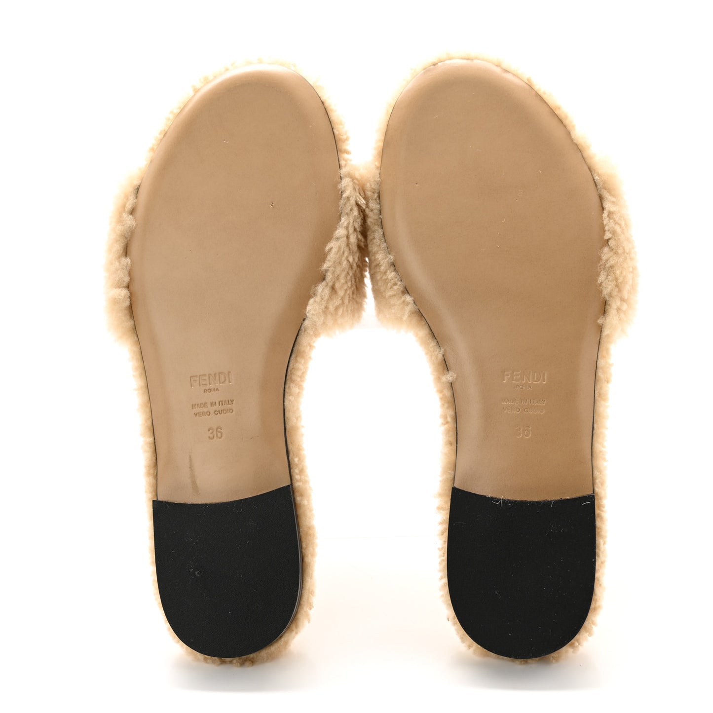 Shearling FF Baguette Slide Sandals 36 Beige Naturale