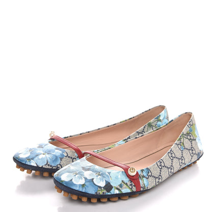 Gucci GG Supreme Monogram Blooms Ballet Flats 38.5 Beige Blue Navy Hibiscus Red 3 of 8