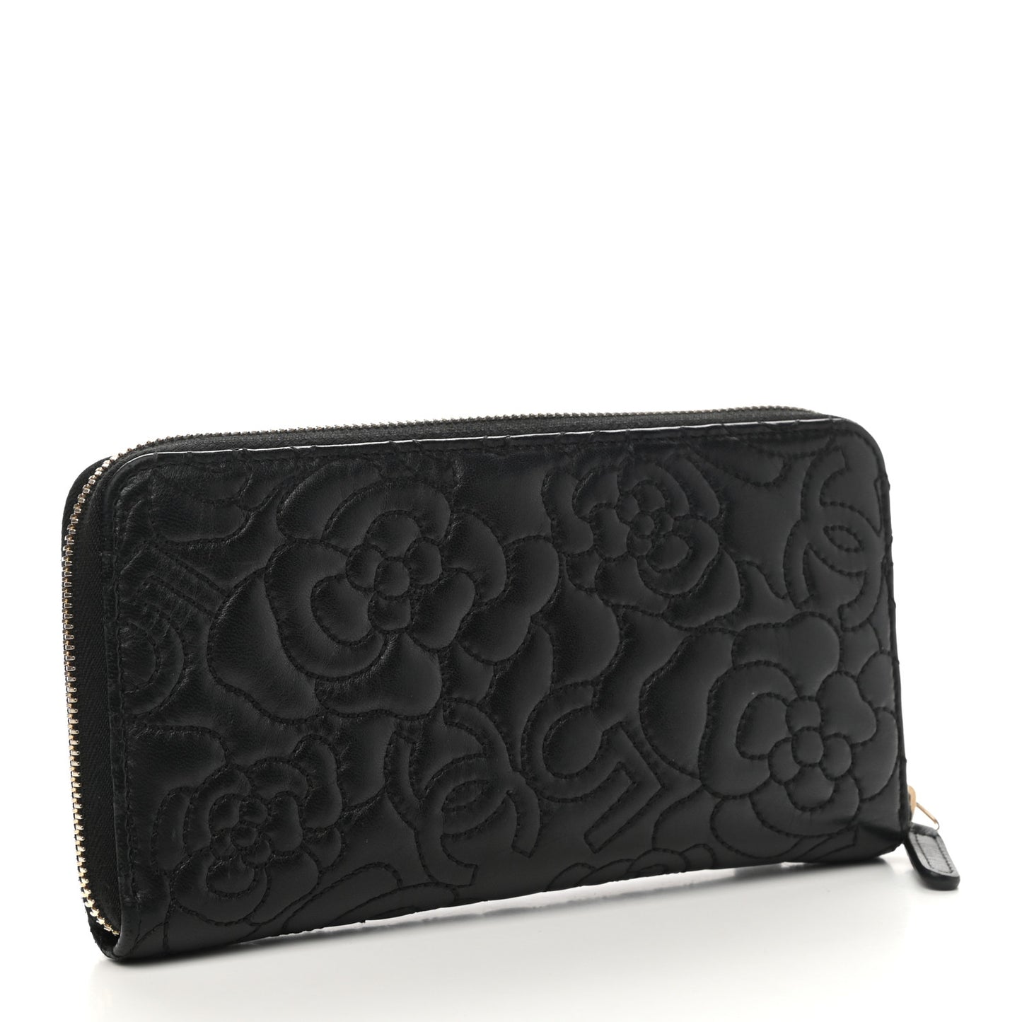 Lambskin Camellia Embossed Large Zip Around Gusset Wallet Black