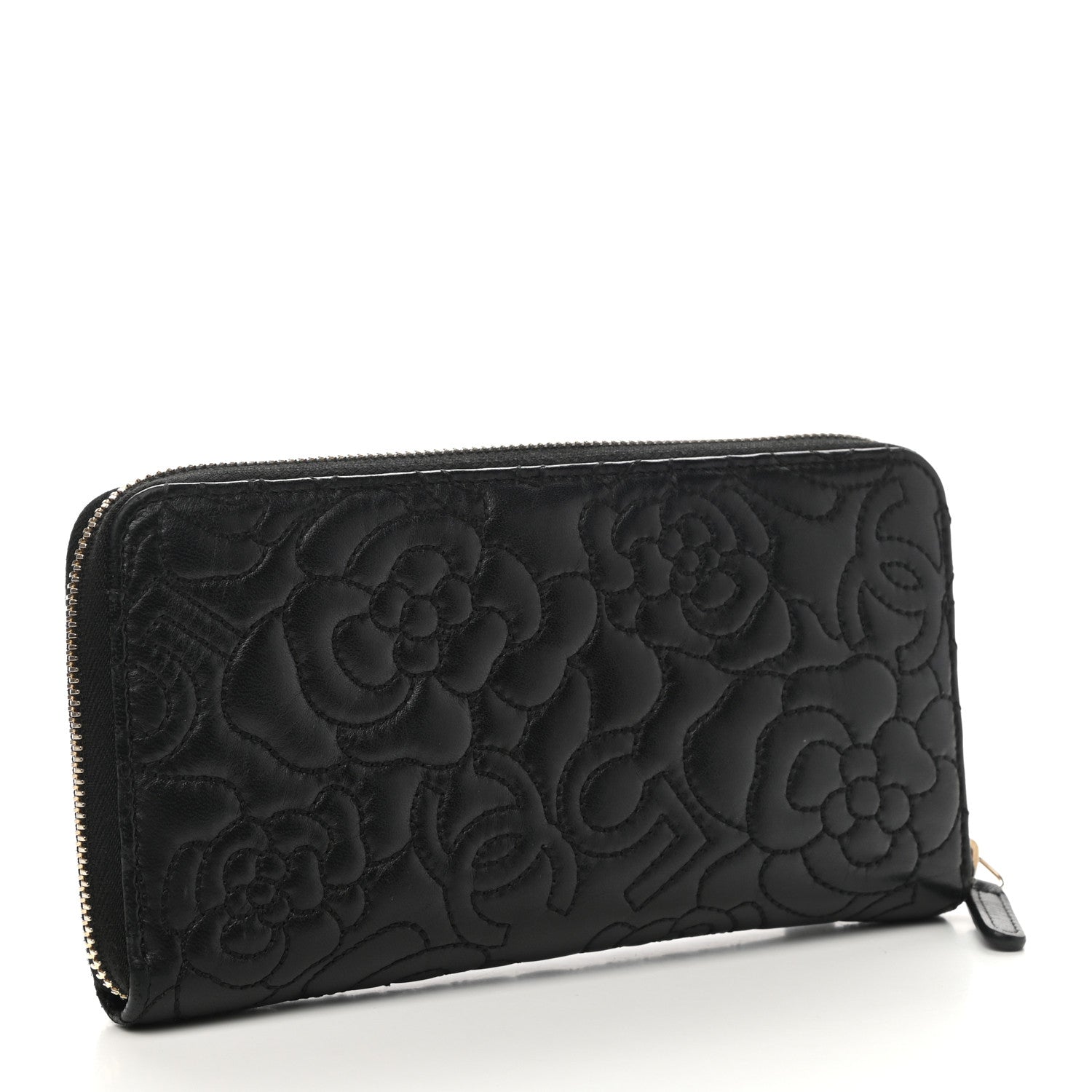 Chanel Lambskin Camellia Embossed Large Zip Around Gusset Wallet Black 3 of 10