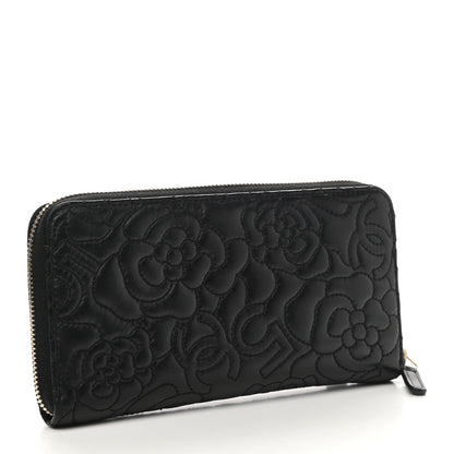 Chanel Lambskin Camellia Embossed Large Zip Around Gusset Wallet Black 3 of 10
