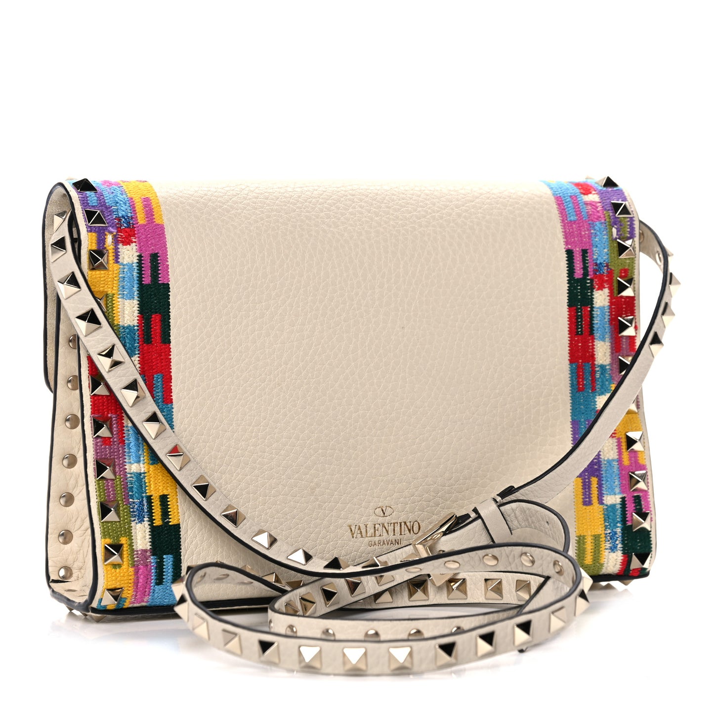 Pebbled Calfskin Embroidered Medium Rockstud Flip Lock Crossbody Bag Ivory