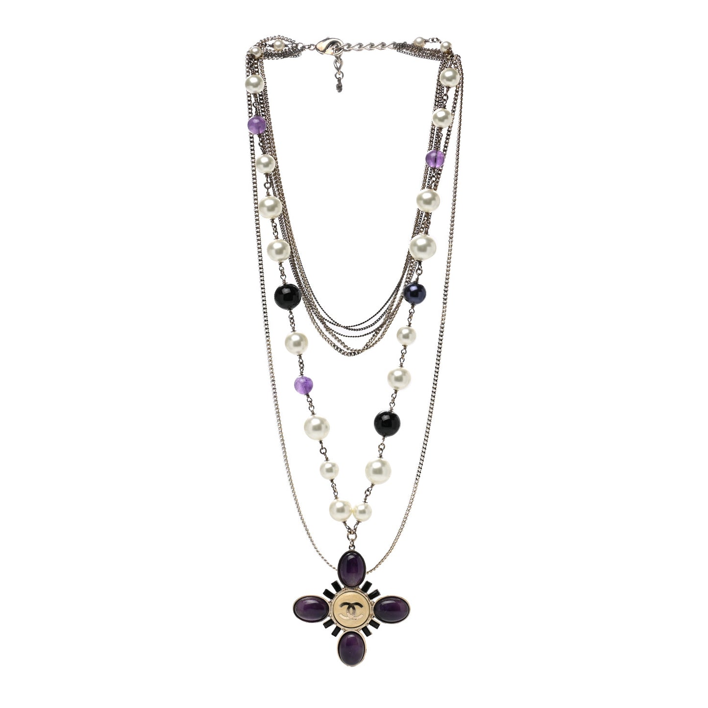 Gripoix Pearl CC Layered Pendant Necklace White Purple