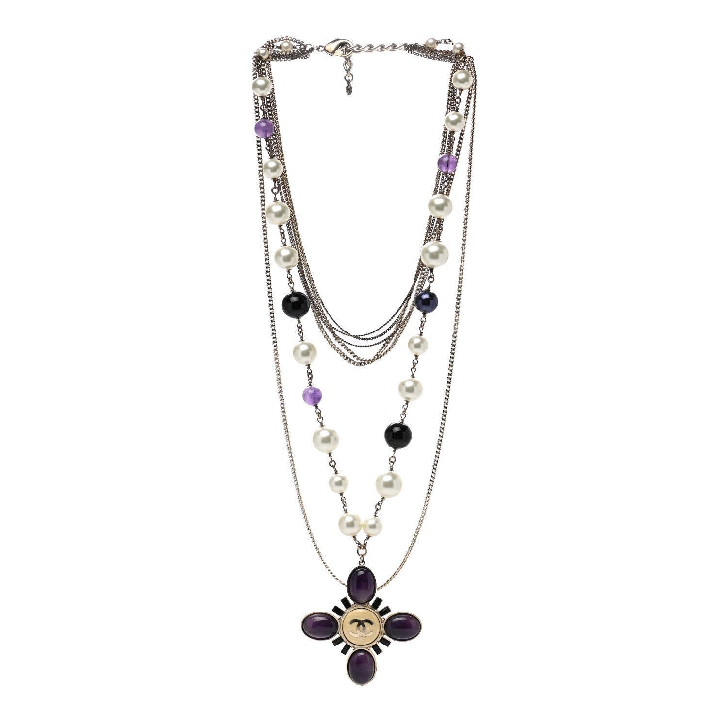 Chanel Gripoix Pearl CC Layered Pendant Necklace White Purple 3 of 5