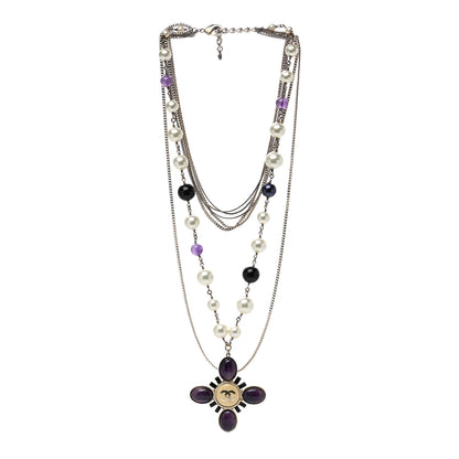 Chanel Gripoix Pearl CC Layered Pendant Necklace White Purple 3 of 5