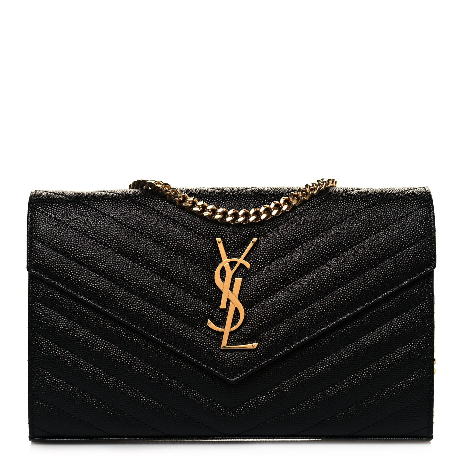 Saint Laurent Grain De Poudre Matelasse Chevron Monogram Chain Wallet Black 1 of 13