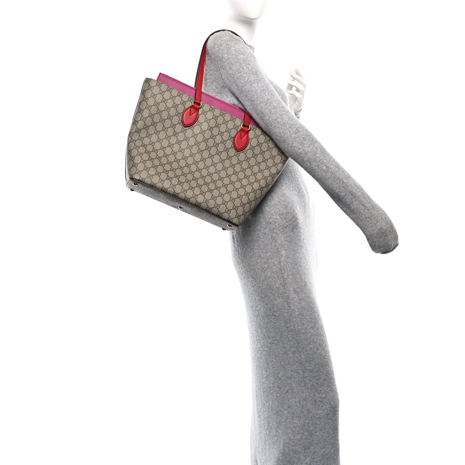 Gucci GG Supreme Monogram Medium Zippered Bucket Tote Beige Hibiscus Red New Rosette 2 of 11