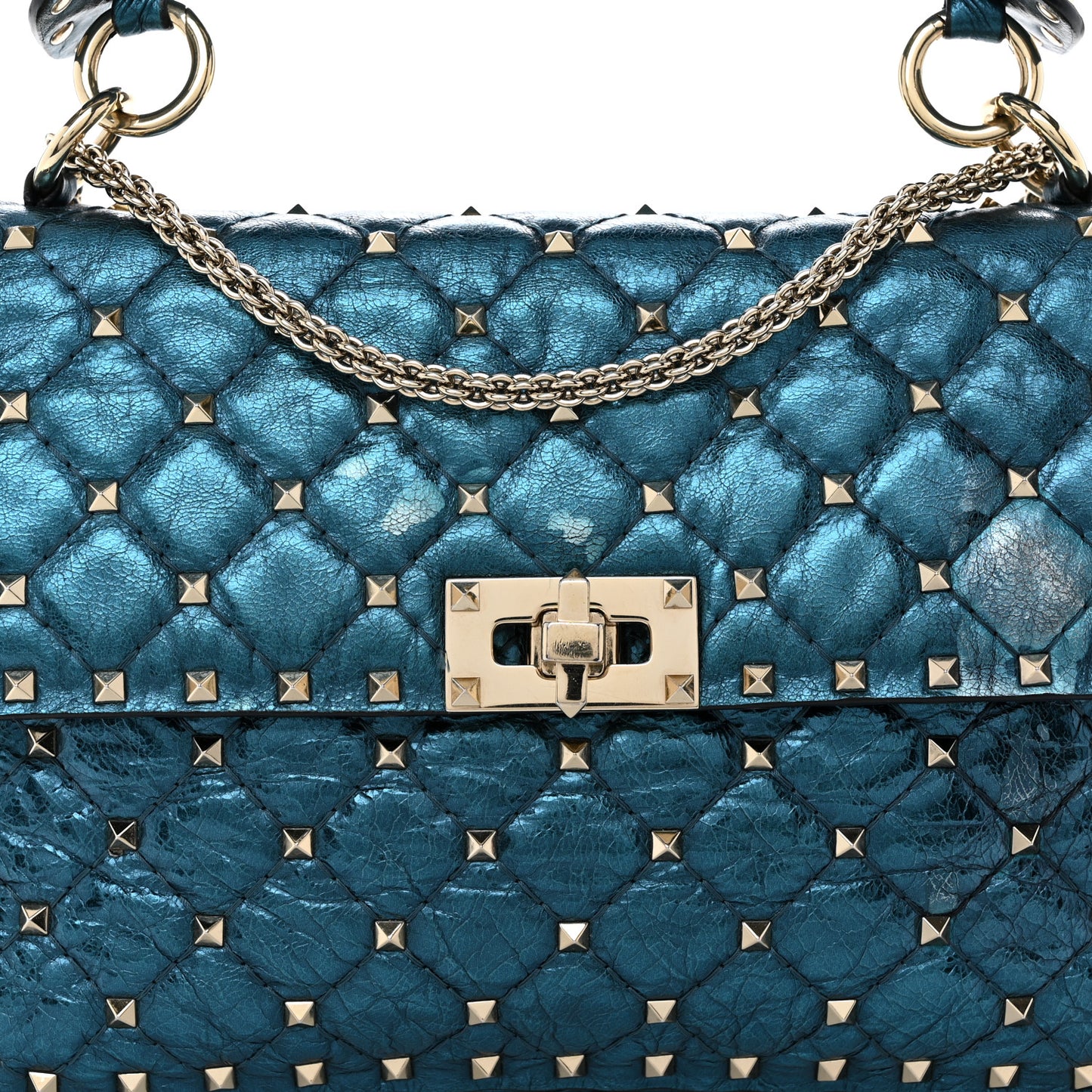 Metallic Nappa Medium Rockstud Spike Shoulder Bag Cerulean