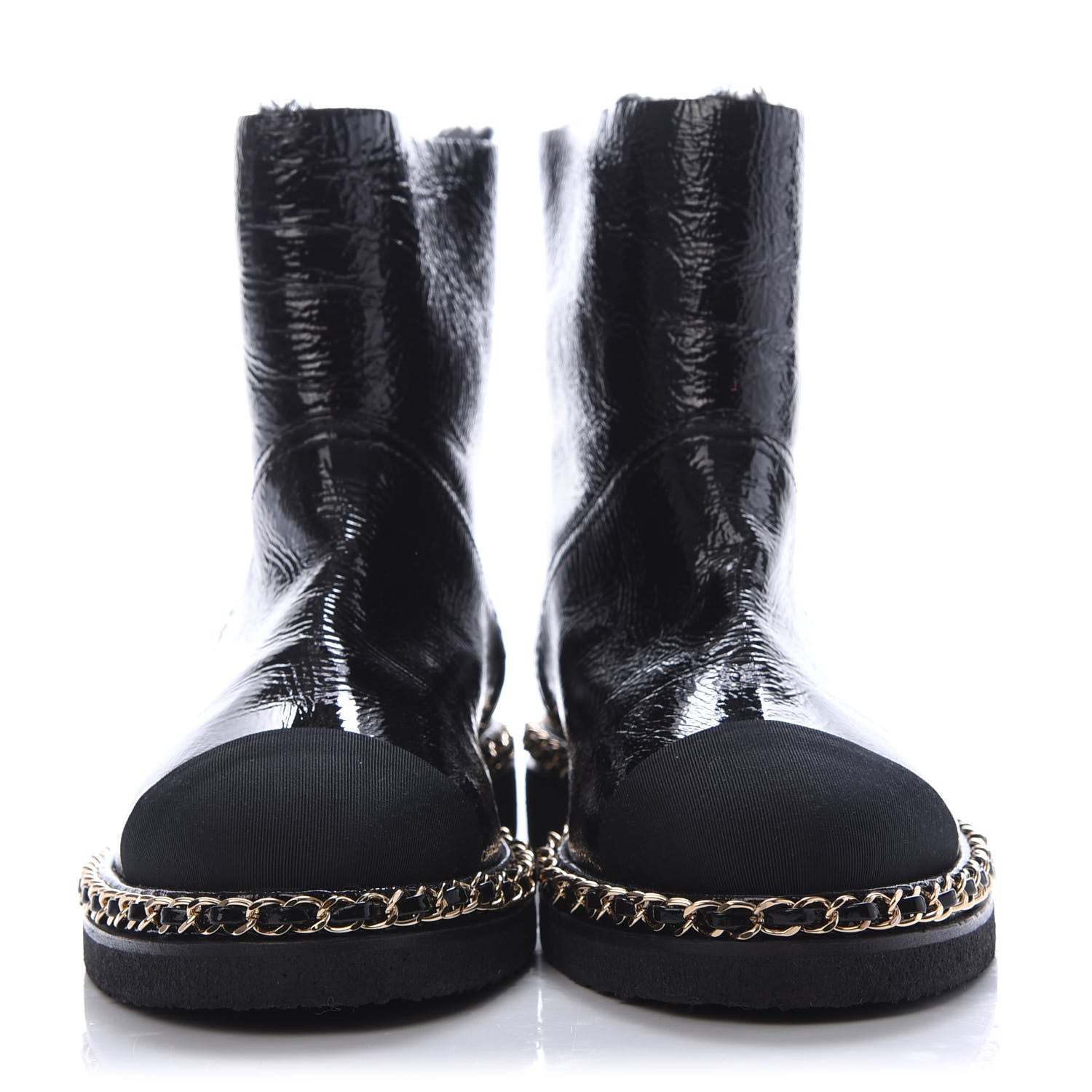 Chanel Crumpled Calfskin Shearling Womens Cap Toe Chain Short Boots 37.5 Black 2 of 7