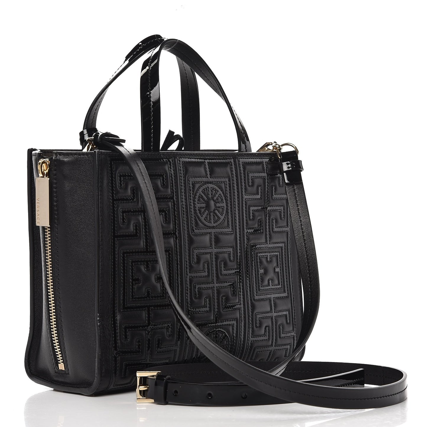 Patent Nappa Embroidered Zip Tote Black
